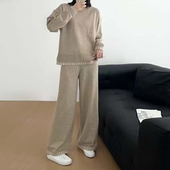 2025年秋冬时尚套装撞色圆领长袖毛衣阔腿裤针织套装女两件套