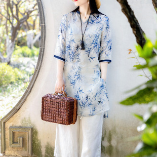 2025 New Summer Style Loose Literary Retro Loose Large Size Women's Fat mm Slimming Look Ramie V-Neck Printed Shirt