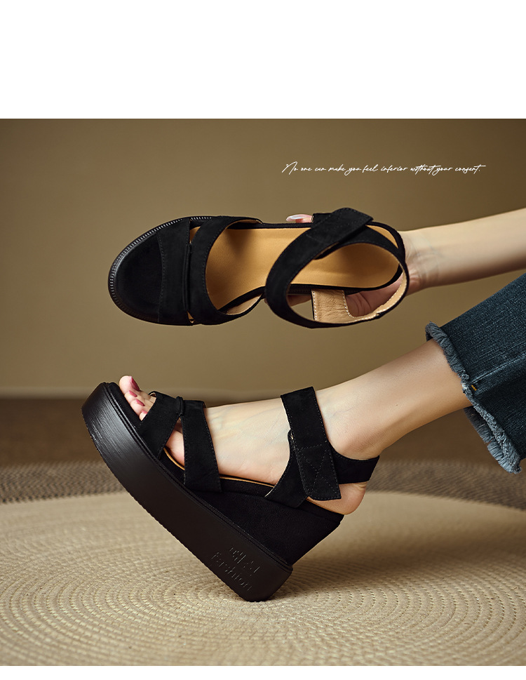 Sandal cao gót nữ mũi hở, đế xuồng bọc da lộn, quai ngang khóa dán, gót 9 cm — Nâu vàng, màu đen chi tiết 7