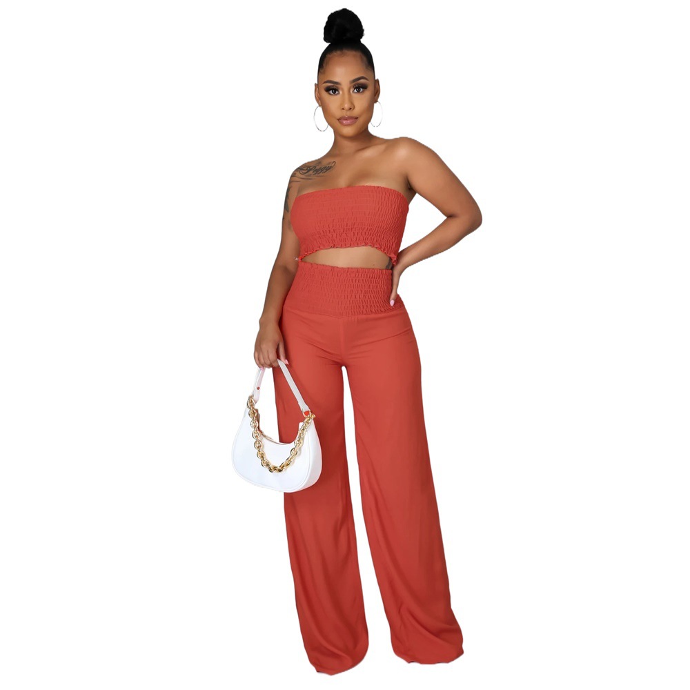 casual tube top backless high waist wide-leg solid color top and trousers suit NSXLY119734