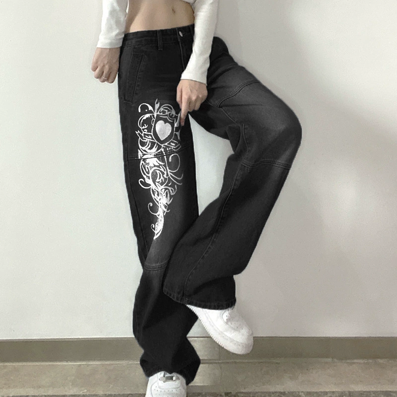 leather pants WeiYao Vintage Print Y2K Low Waist Denim Jeans Aesthetic 90s Grunge Trousers Women Retro Straight Sweatpants Harajuku Outfits zara jeans