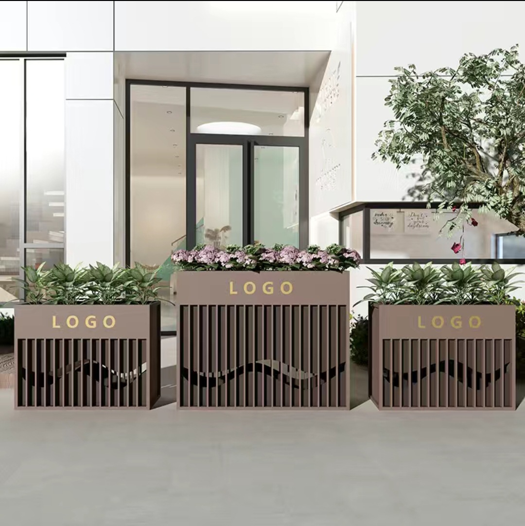 Caja de flores de acero inoxidable al aire libre combinación de cama de flores móvil divisoria de péndulo exterior departamento de ventas valla municipal caja de plantación de tanque de flores