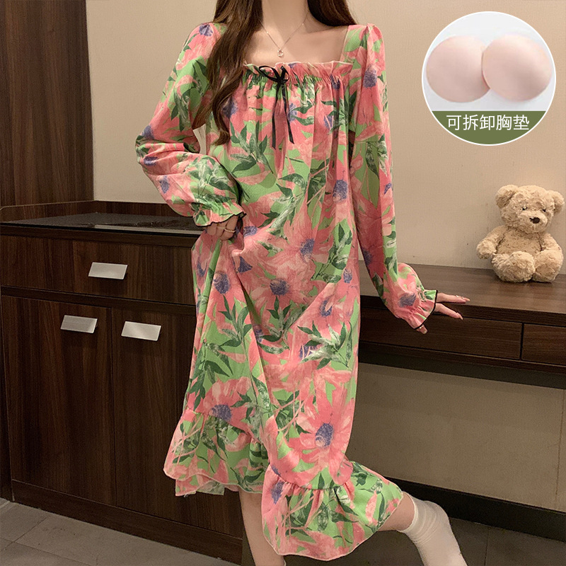 Autumn New Style Bubble Cotton Wrinkled Fabric Long-Sleeved Women's Nightgown with Removable Breast Pads Printed Princess Style Home Dress