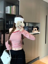 斜肩条纹打底衫长袖t恤女秋冬季内搭独特绝美设计感小众修身上衣
