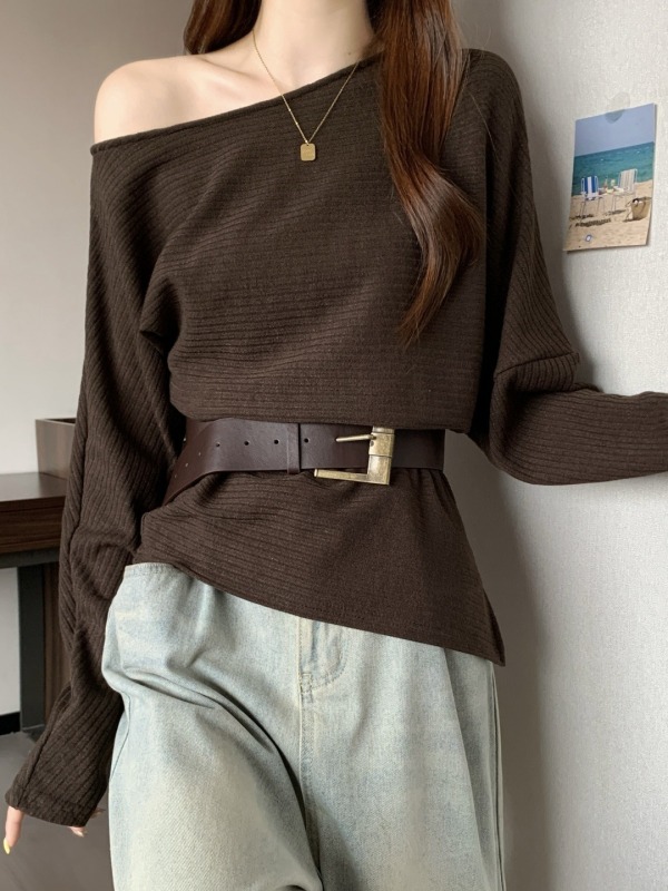 美拉德咖色斜肩露肩长袖T恤女2025秋新款大码胖mm收腰不规则上衣|undefined