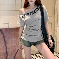 原版面料美式辣妹斜肩短袖t恤女修身显瘦设计感露肩chic半袖上衣