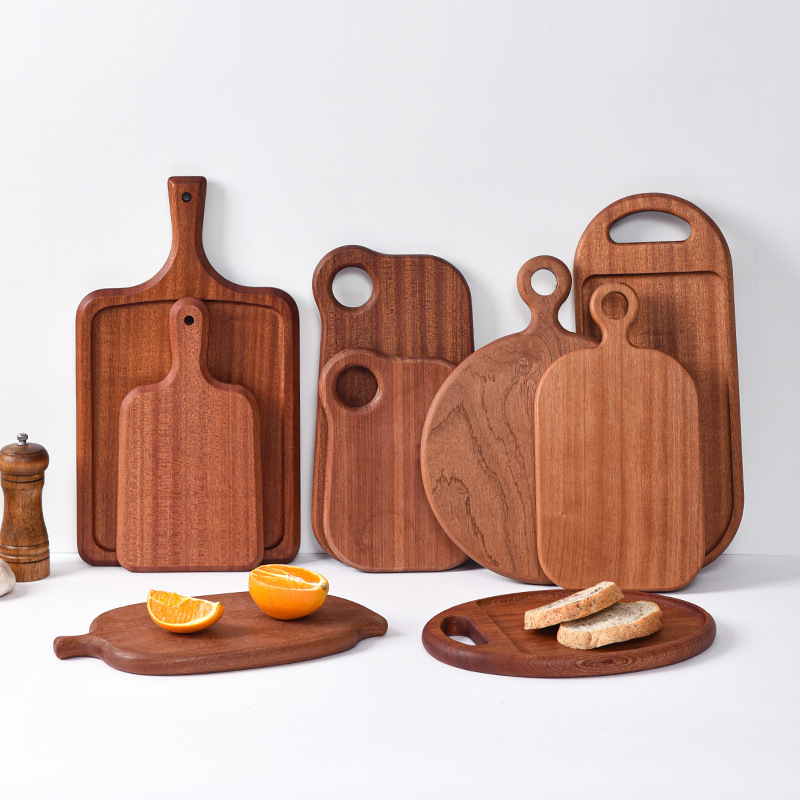 Tablero de corte de madera maciza tablero de comida creativa rectangular ovalada de doble cara colgante de madera tablero de carne de pizza de ébano al por mayor