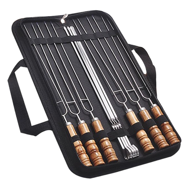 En stock al aire libre barbacoa aguja de acero inoxidable barbacoa palo doble tenedor barbacoa cadena traje de mango de haya utensilios de barbacoa americana