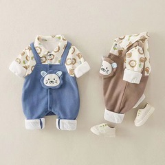 赤ちゃんの春の服のスーツの男女の赤ちゃんの背もたれの偽の2つの服の新生児の二重の連体は服を抱いて外出します。