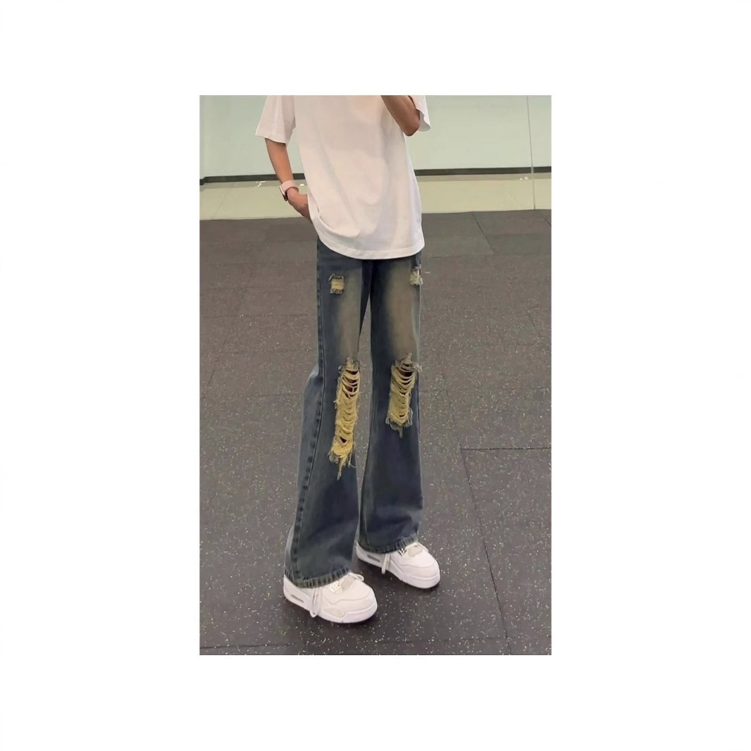 Summer American Retro Distressed Washed Knife-Cut Ripped Jeans for Men with High Street Draped Straight-Leg Pants