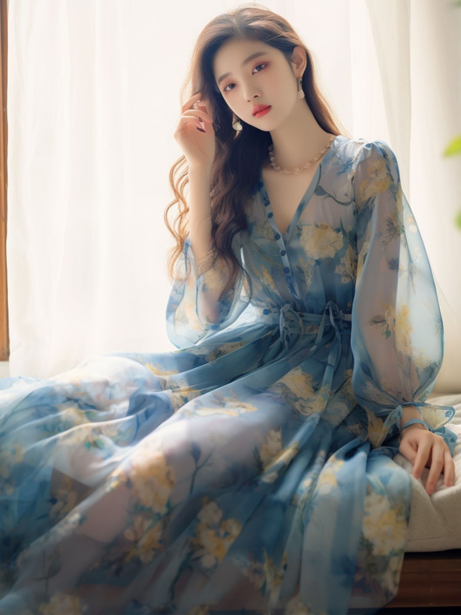 Váy liền hoa nhí cổ chữ V dài tay mùa hè FL231941 – váy dài thắt eo voan tiên nữ tinh tế — chiếc váy màu xanh chi tiết 11