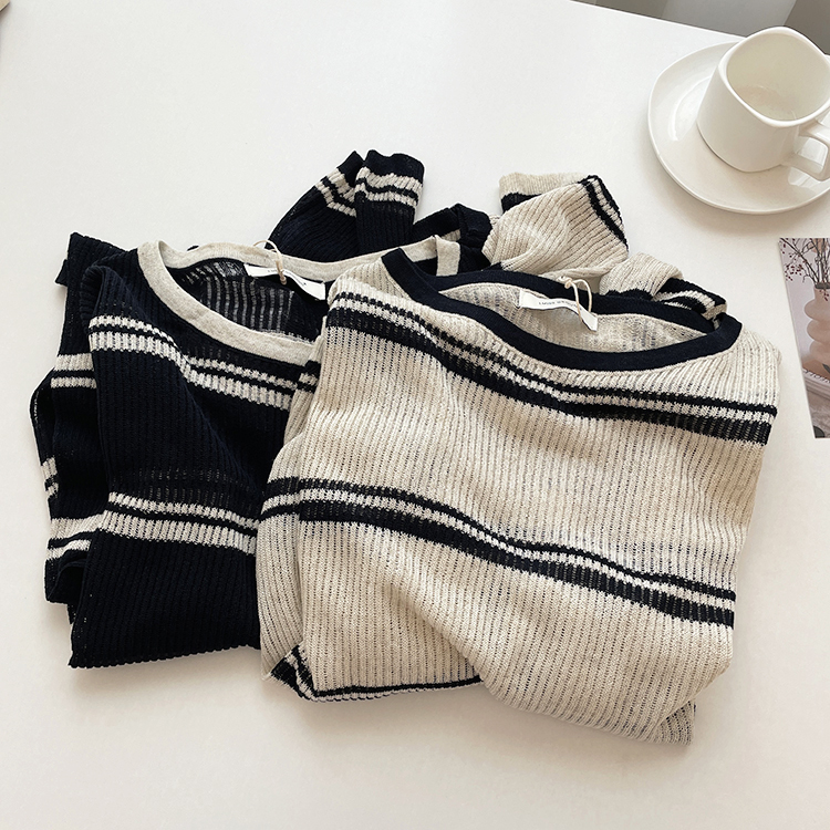 Breathing Linen Blouse for Women, Relaxed and Casual Wide Stripesd Lightweight Sun Protection Round Neck Knitwear T-Shirt for Summer Women Breathing Linen Blouse for Women, Relaxed and Casual Wide Stripesd Lightweight Sun Protection Round Neck Knitwear T-Shirt for Summer Women