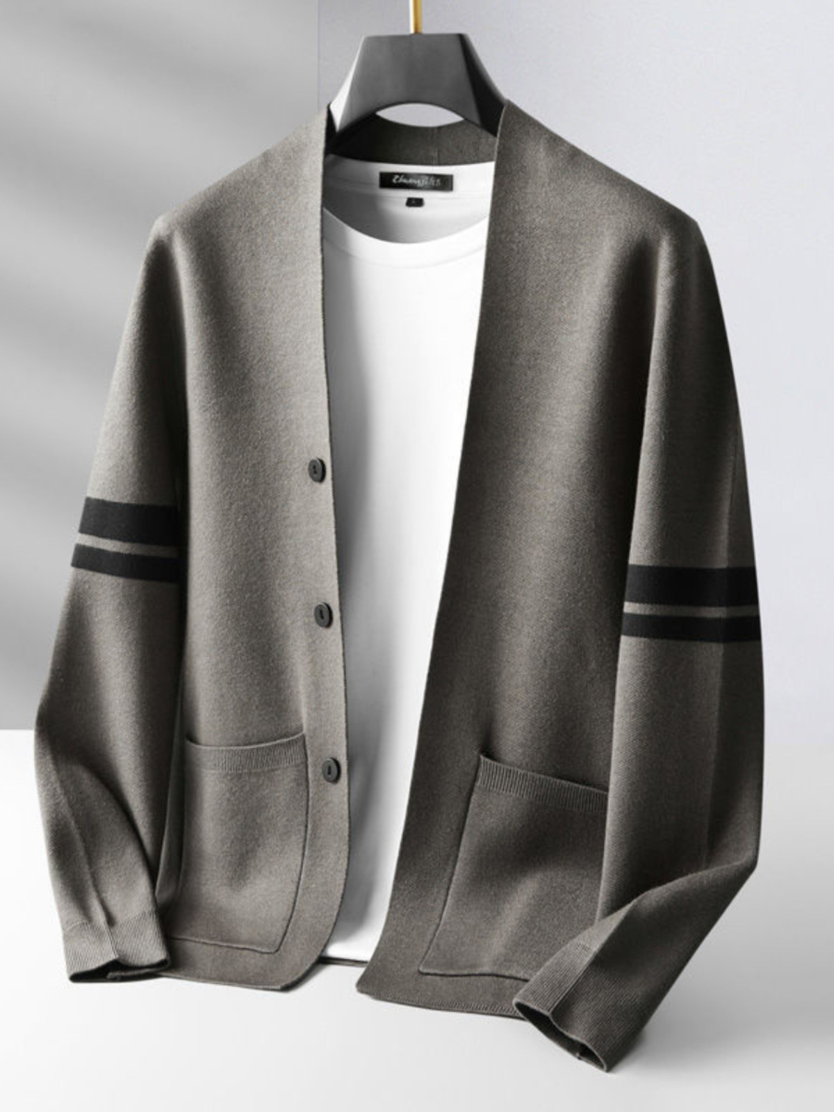 Spring and Autumn Wool Sweater Men's Knitted Cashmere Cardigan Solid Color Korean Style V Neck Slim Collarless Sweater Double Breasted Jacket Trendy