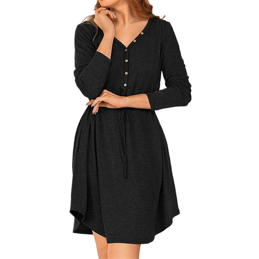 Solid Color V-Neck Long-Sleeved Buttoned Lace-Up Dress NSYHY106392