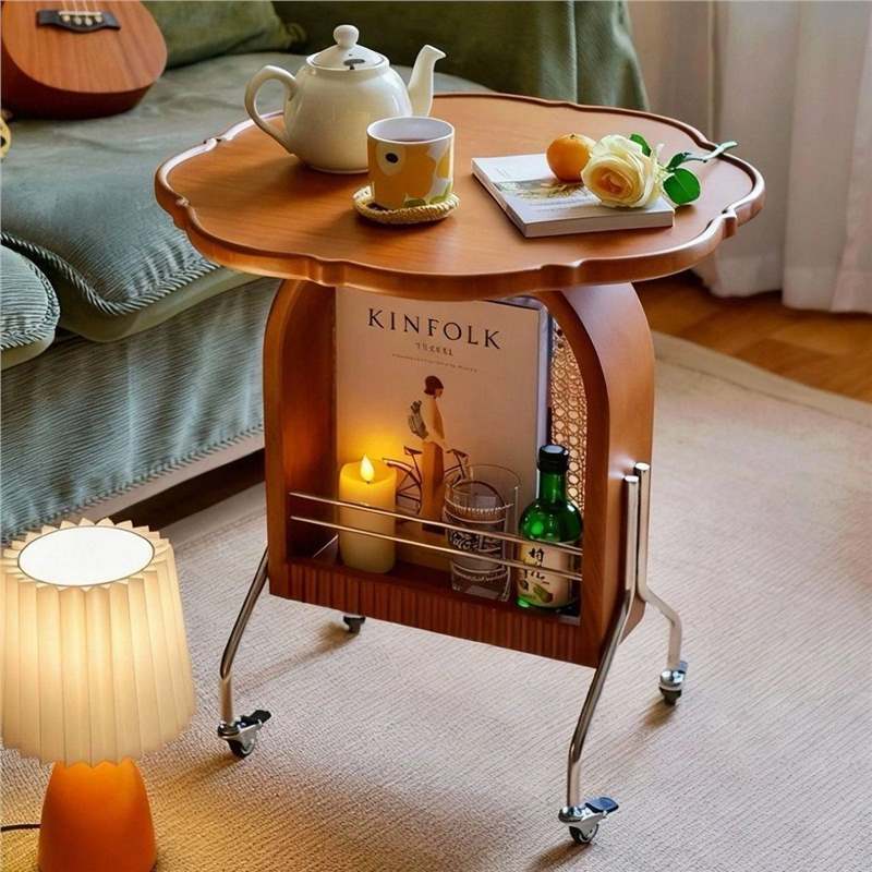 French-style movable small cart, walnut vintage-style living room sofa side table, solid wood petal-shaped coffee table, bedside storage shelf table