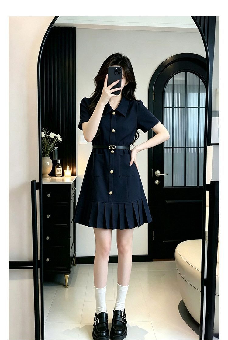 Váy ngắn tay kiểu Pháp xếp nếp thắt eo chữ A — Màu xanh da trời (thắt lưng) chi tiết 12