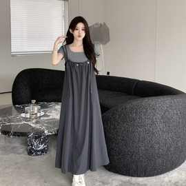 大码女装复古设计感背带裙套装女夏季胖mm遮肚显瘦短袖上衣两件套