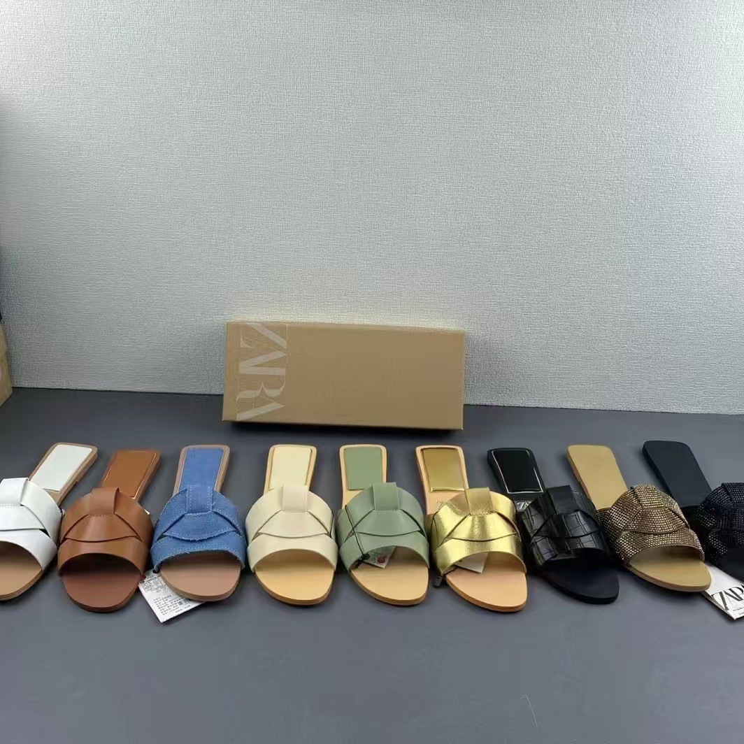 Za2025 Women's Shoes Cow Leather Shoes Cross Strap Flats Bottom Open Toe Beach Shoes Going Out Women's Sandals and Slippers