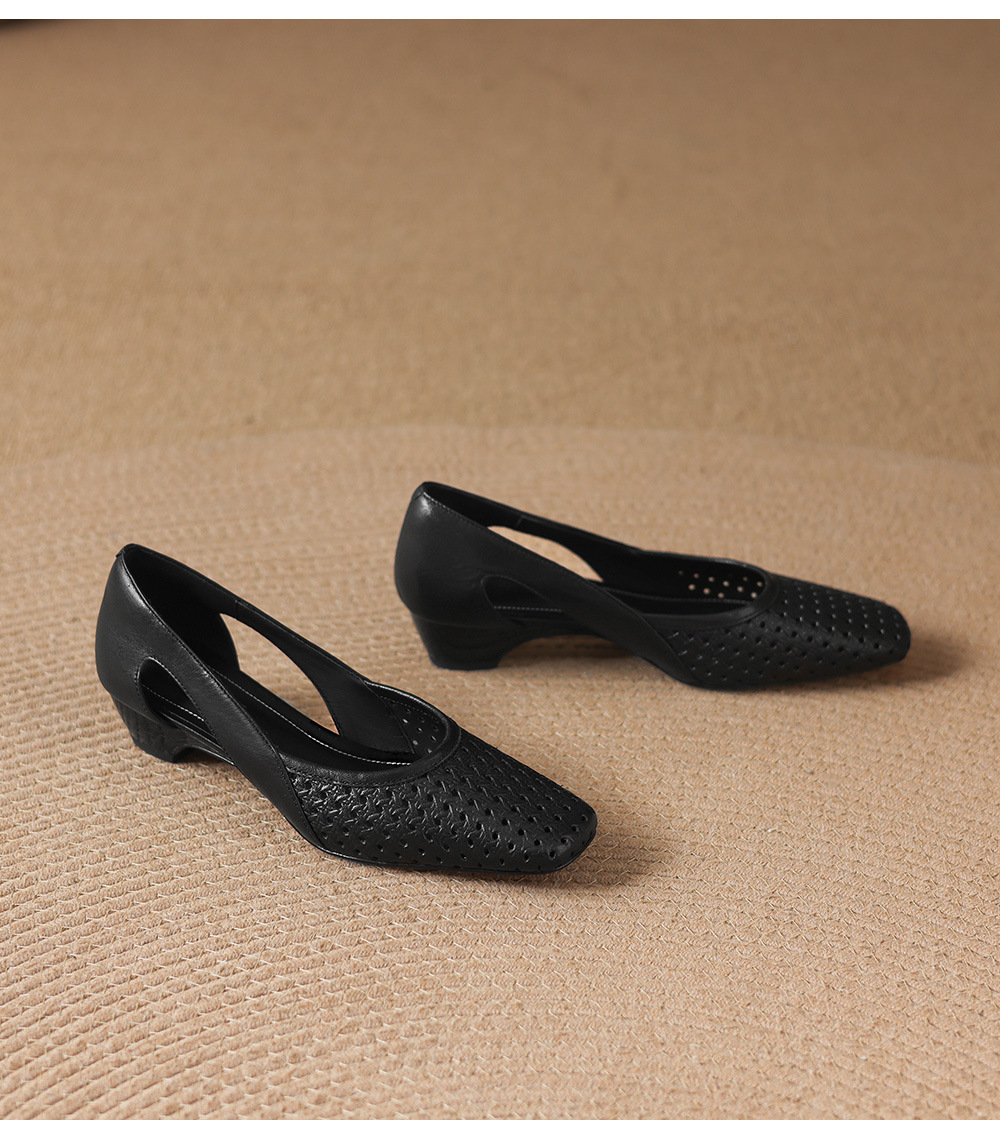 Giày sandal nữ mũi vuông gót thấp 3,5 cm da cừu đục lỗ hở mũi — đen chi tiết 22
