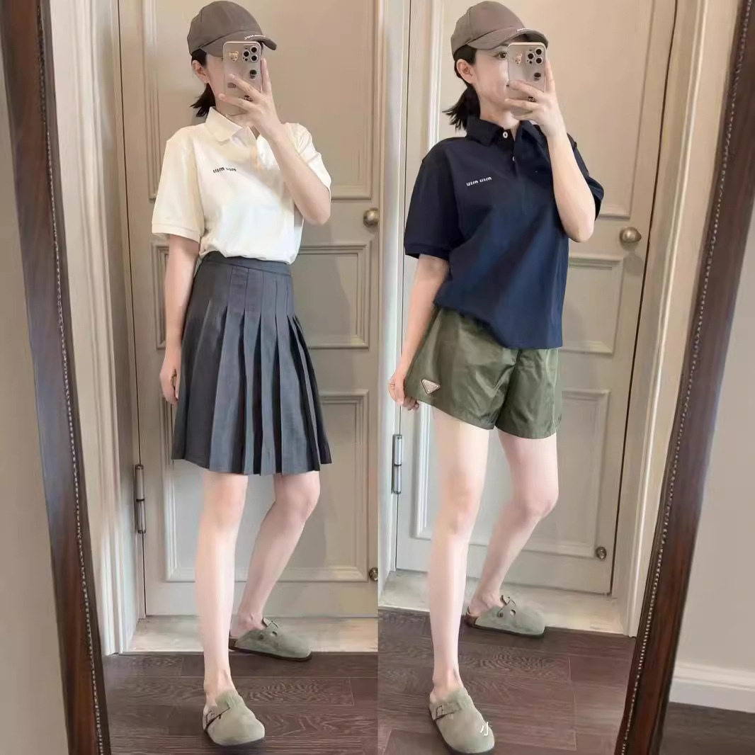 Chjan Yuanyingning Miu uslubidagi koreyscha uslubdagi yoshlar uchun polo ko'ylagi, preppy uslubida, piqué paxtadan tikilgan kalta yengli top, ko'p qirrali 2024-yilgi yangi uslub.