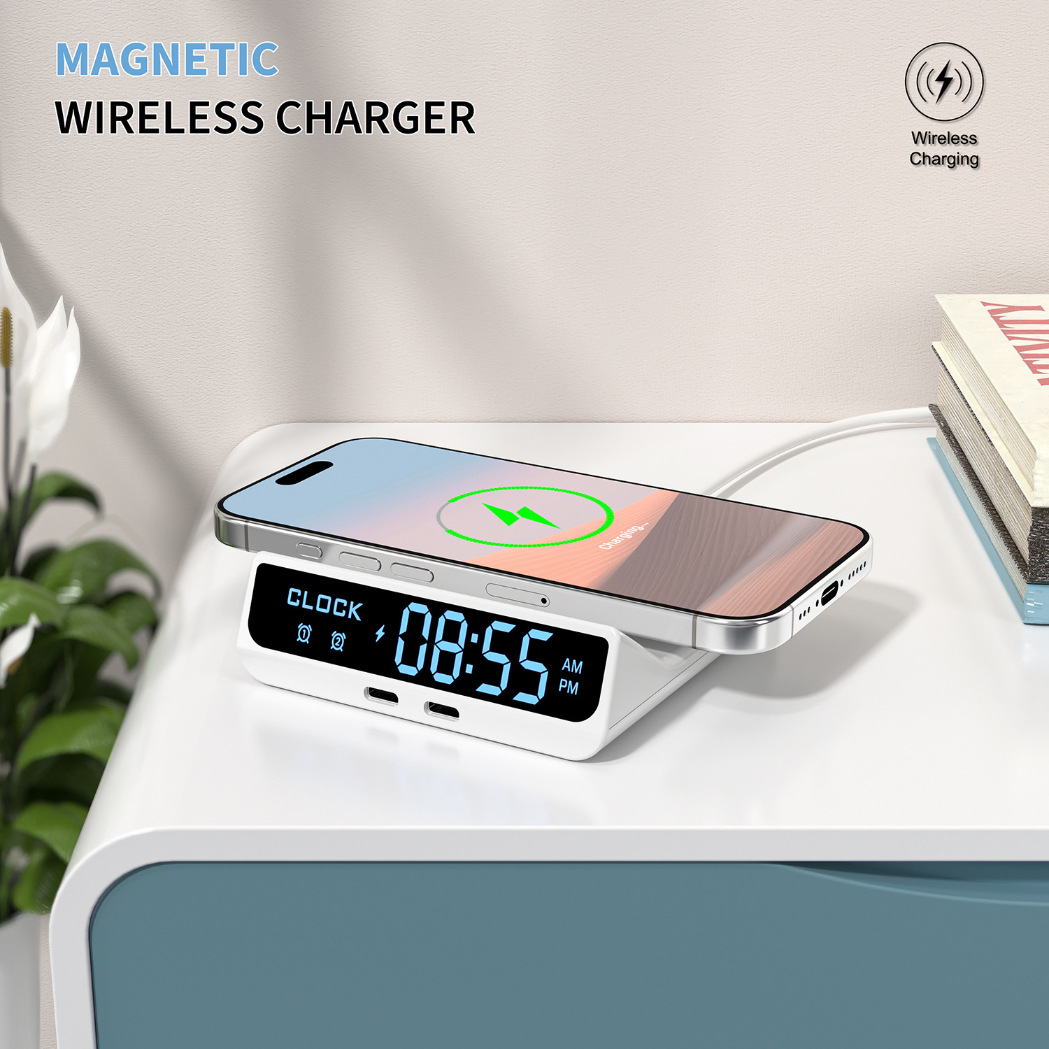 Cargador inalámbrico digital para teléfono móvil de 15W, cargador inalámbrico multifunción, pantalla digital, reloj despertador, portalápices, luz nocturna LED anti-luz azul