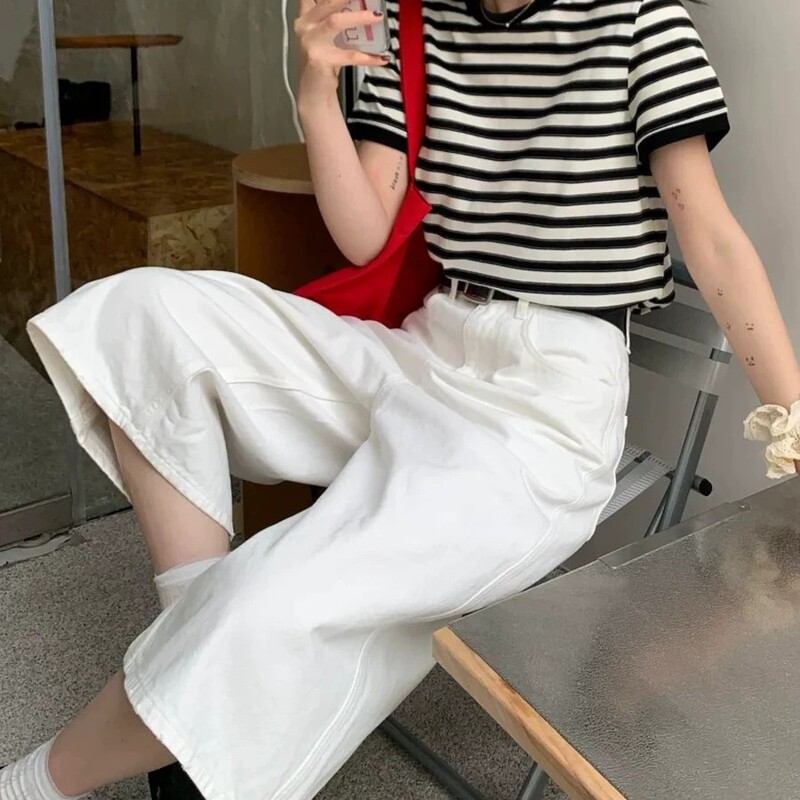 White Wide-Leg Cropped Denim Pants for Women, Summer American Retro High-Waisted Loose Fit, Slimming and Flattering, Suitable for Wearing Outside, Straight-Leg Mid-Length Pants