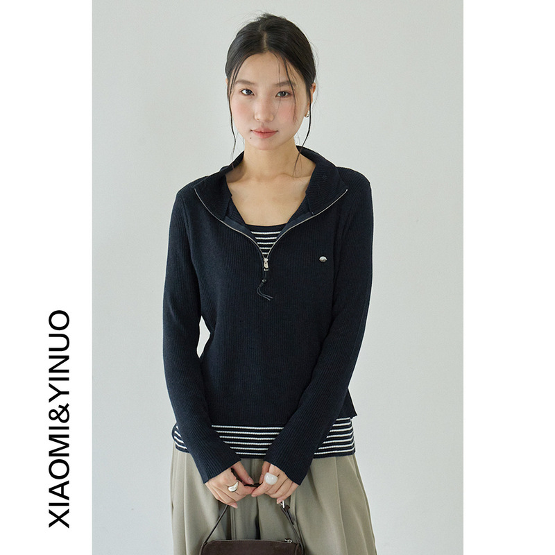 [Oufan] Korean Style Stand-Up Collar Half-Zip Stripesd Knitwear for Women Autum Loose Splicing Fake Two-Piece Top 3213