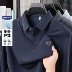 中年男士秋季长袖T恤中老年爸爸装假两件男式打底衫衬衫领仿棉质