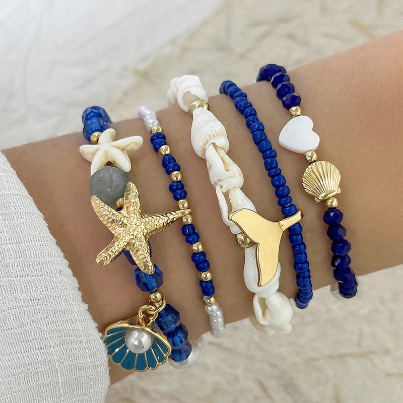 Beach Style Conch Rice Beads Beaded Bracelet Heart Scallop Starfish Fish Tail Elastic Beaded Bracelet 5-Piece Set for Women