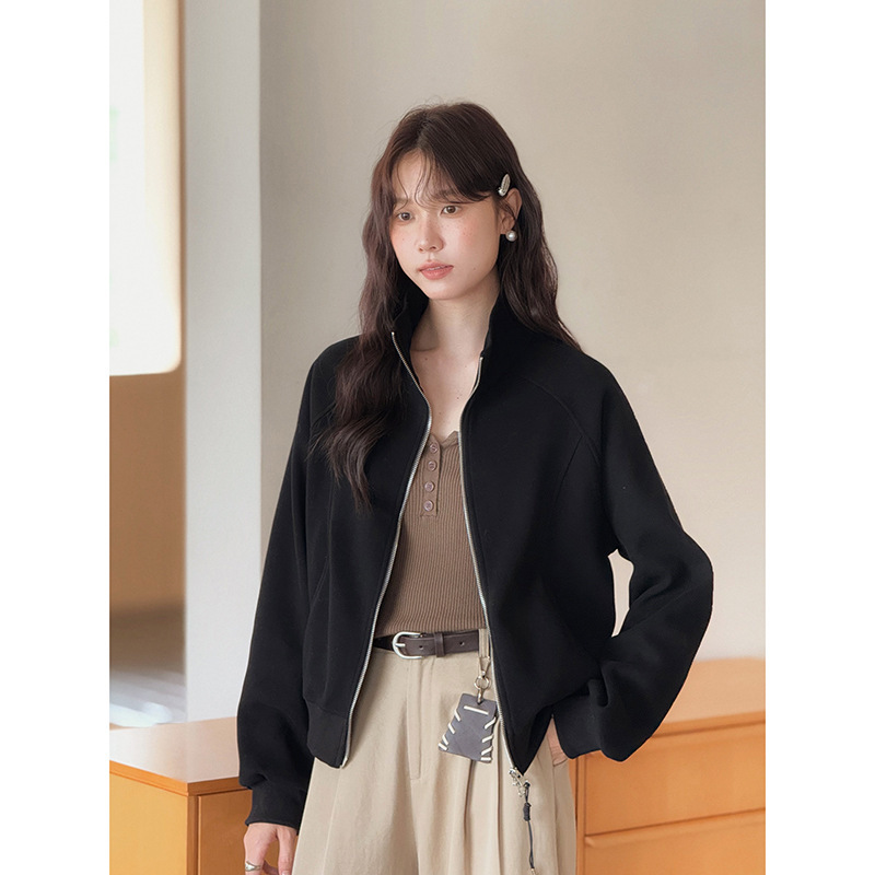【登机私服】歌铭纯色简约立领双拉链卫衣女秋季新款短外套W564C|undefined