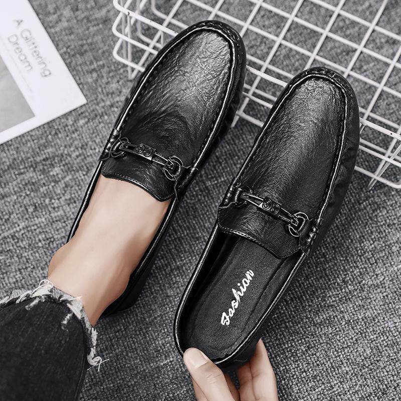 Giày lười nam da PU mũi tròn đế phẳng kiểu mới mùa thu, giày lái xe slip-on — 9108 đen, màu đen