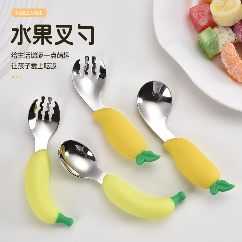 Cross-Border Cartoon Stainless Steel Children's Fruit Fork and Spoon Tableware Food Grade Silicone Baby Food Supplement Spoon Mother and Baby Supplies