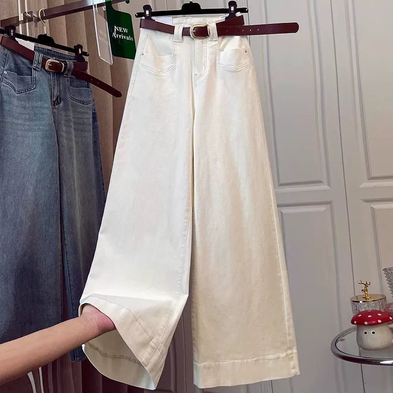 Весна 2025, широкие брюки из хлопка/хлопчатобумажной ткани цвета крем-белый, новые, утягивающие, широкие, драпированные, в пол, расклешенные.