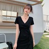 V-neck low cut Ruffle stitching slim fit buttock skirt underlay short skirt Short Sleeve Dress