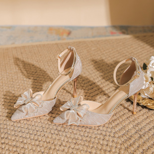 High Heels Women 2024 New Pointed Crystal Wedding Shoes Rhinestone Bow Stiletto Heel Shallow Mouth Shoes