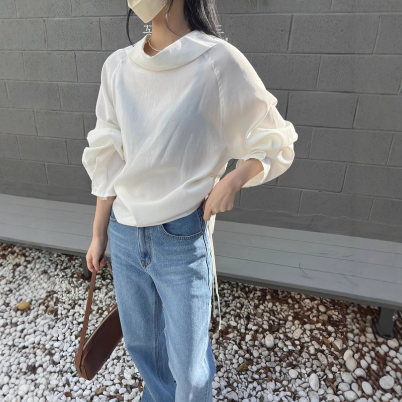 South Korea's Dongdaemun Spring and Summer New French Style Front Drawstring Lace-Up Long-Sleeved Shirt Women's Loose High-End Simple Top