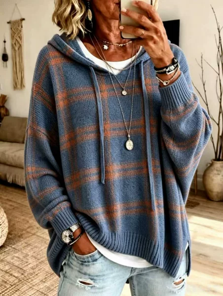 European and American retro plaid hooded knitted sweatshirt for women, loose fit, drop shoulder, drawstring pullover, casual outerwear top for women