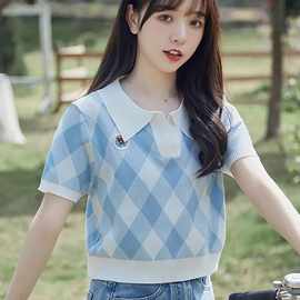 菱格短款韩版上衣女v领2023春夏新款学院百搭短袖娃娃领针织衫女
