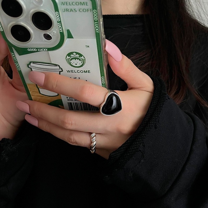 Dulce fresco negro ZIRCON encantador anillo femenino geométrico giro apilado s925 plata anillo abierto hip hop índice dedo anillo moda