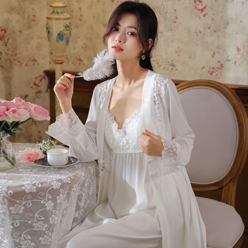 Long-sleeved nightgown women's artificial silk nightdress two-piece set Court retro style pajamas chest pad outer wear home wear suit autumn