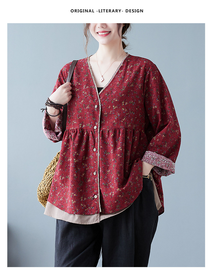 350g Weight Long Sleeve Sleeve Length Single Breasted Placket Type Regular Sleeve Sleeve Type Printing, Cotton and Linen, Hemp Fabric Type Ordinary Model (50cm <Length ≤ 65cm) Top Length Fake two-piece set, Shirt Tops Type V Neck Neckline Loose Fit Type Floral Pattern Temperament Commuter, Commute style Style Printing Craft Autumn 2025 Women's Floral V-neck Open Cardigan Fake Two-Piece Loose Cotton Linen Plus Size Shirt Elegant Commute Style 13