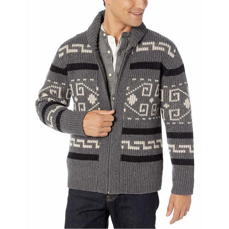 Őszi és téli divatos pólógalléros ifjúsági lezser kardigán kabát, hosszú ujjú, karcsúsított, jacquard kötött pulóver férfi_voghion.com
