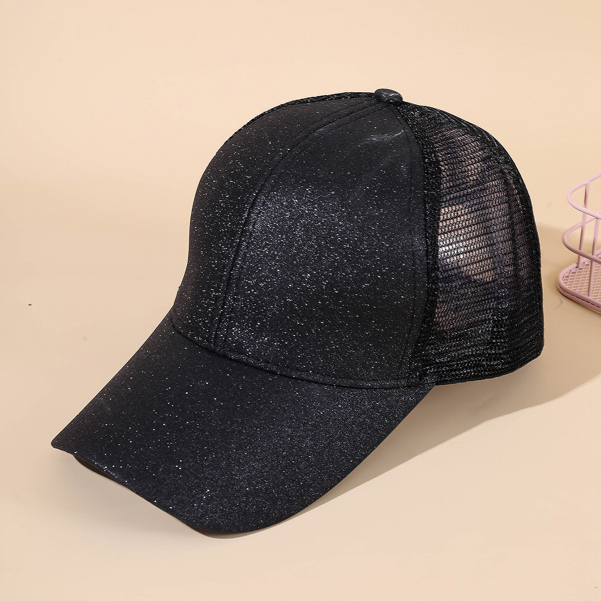 Gorra de cola de caballo de verano monocromo gorra de malla de béisbol a prueba de sol gorra de cola de caballo con lentejuelas
