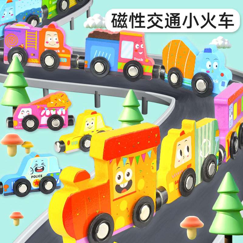 Modelo de tren magnético para niños de madera, coche inercial, señal de tráfico, caja de madera, coche de ingeniería, coche de juguete para niños