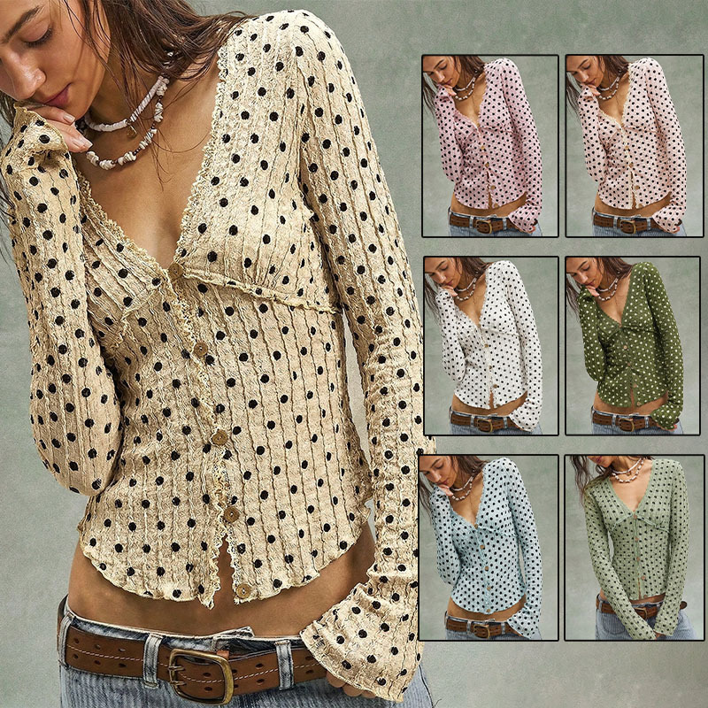 European and American Hot Girl Style Long-Sleeved Knitted Top with V-Neck and Lace Trim, Short Cardigan, European and American Cross-Border Supply