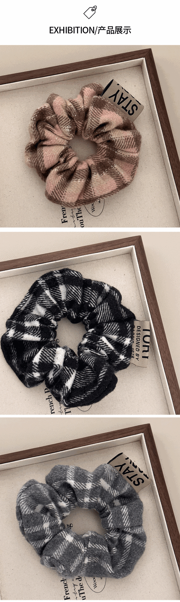 New autumn and winter hair accessories: Retro checkered large intestinal hair bands, school style bun hair accessories, headwear, hair ties, hair bands, Korean version pic 4
