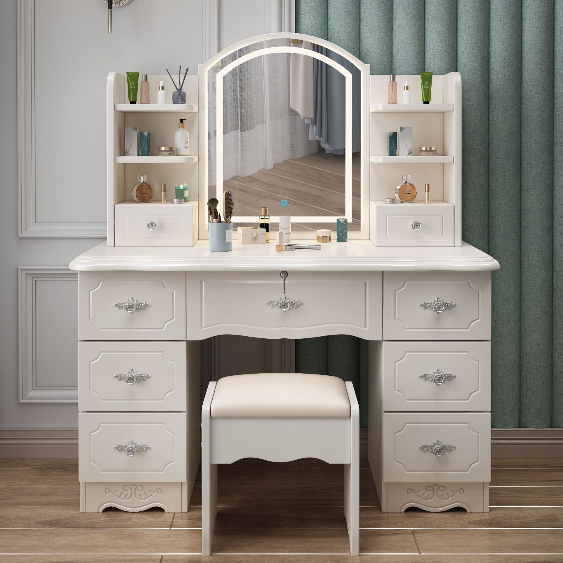 White Painted Dressing Table Modern Bedroom Simple Small Apartment Storage Cabinet Integrated Dressing Table Mirror with Light European Style