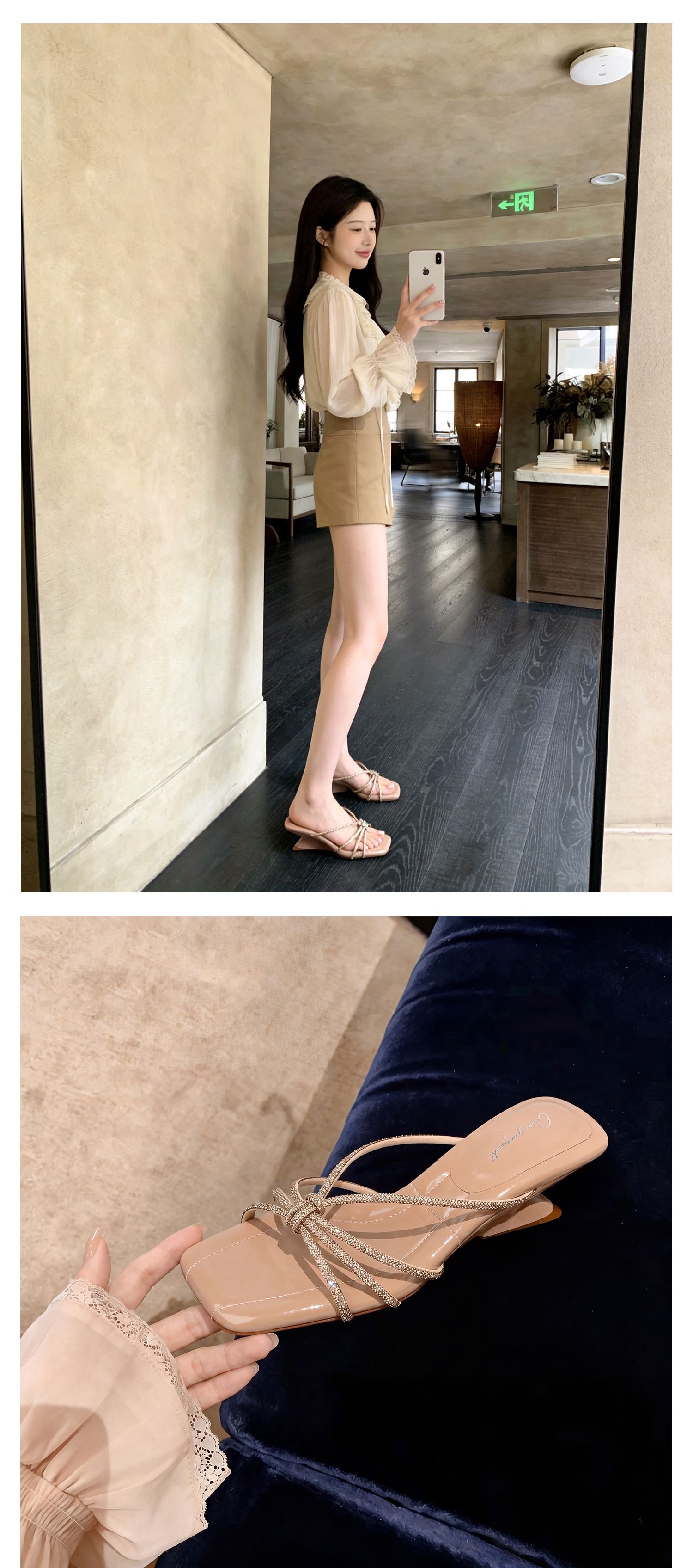 Sandal cao gót nữ mũi vuông quai ngang đính đá pha lê gót xuồng 9 cm — màu đen, màu trắng ngà, màu nude chi tiết 24
