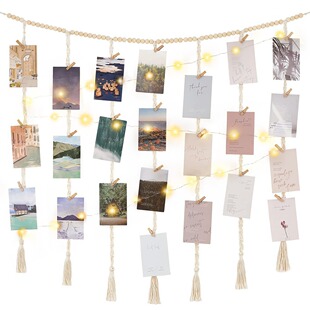 Wooden beads string hanging photo display wood color wooden beads cotton rope woven tassel wooden clip photo storage decoration