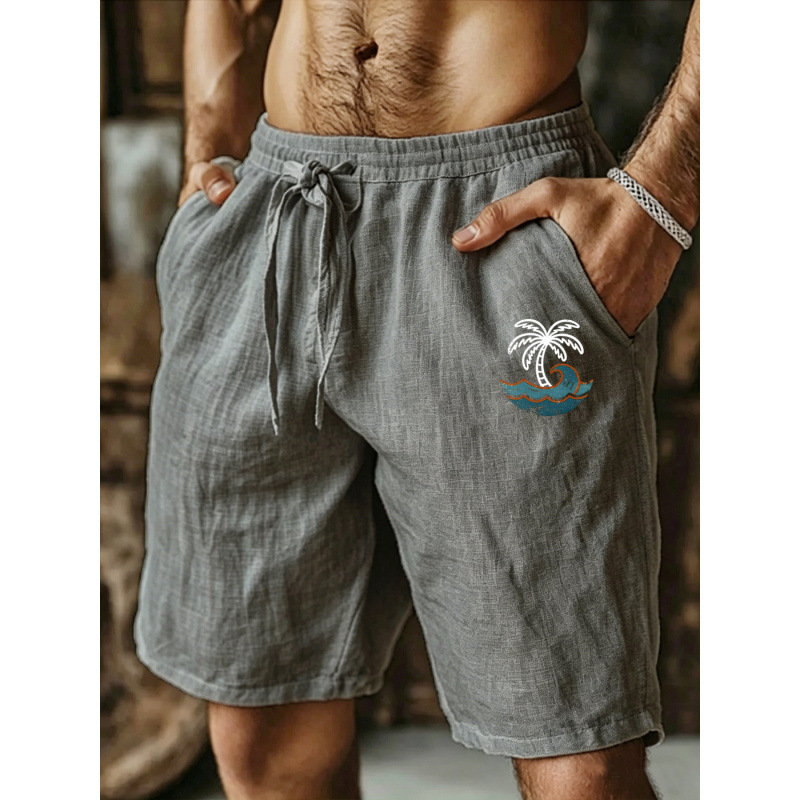 Cross-border new printed linen shorts for men, featuring a drawstring waist, elastic waistband, breathable fabric, suitable for outdoor activities, and designed as casual beach shorts Cross-border new printed linen shorts for men, featuring a drawstring waist, elastic waistband, breathable fabric, suitable for outdoor activities, and designed as casual beach shorts
